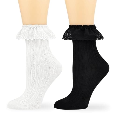 VIBYCICY VIBCICY Ruffle Lace Crew Socks, Casual Soft Comfortable Frilly Socks, Lolita Princess Accessory Ankle Socks for Women 2 Packs (Black + White) - Image 1