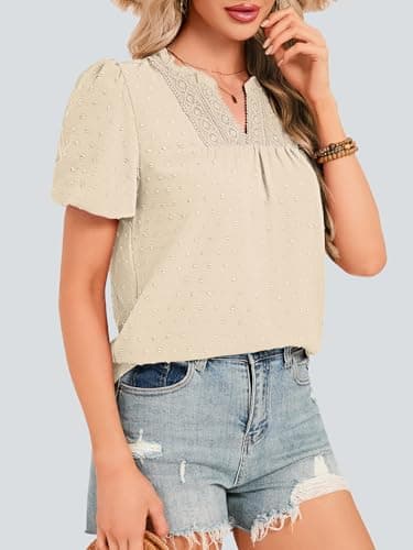 Funlingo Womens Tops Puff Sleeve V Neck Dressy Casual Blouses Summer Flowy Swiss Dot Boho Babydoll Short Sleeve Shirts Trendy Clothes 2026 Beige 2XL - Thumbnail 2