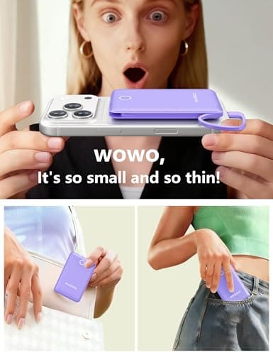 miisso 10000mAh Mini Portable Charger with Built in Cable, Pocket Size Power Bank Travel External Battery Pack for Phone, 3 Output USB Type C Cord Clutch Compatible with iPhone, Samsung, Purple - Thumbnail 5