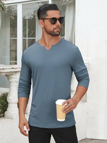 Hardaddy Men's V Neck Long Sleeve Ribbed Casual T-Shirt Classic Basic Solid Tee Shirts Blue M - Thumbnail 2