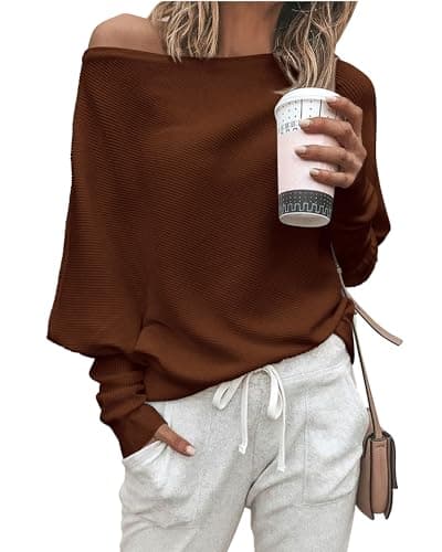 Zenlonr Women's Fall Sweaters 2026 Casual Long Batwing Sleeve Loose Off Shoulder Knit Pullovers Jumper Tops(Coffee,Small) - Image 1