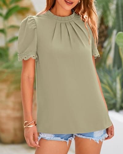 BTFBM Women Blouses 2026 Dressy Casual Summer Tops Mock Neck Lace Trim Short Sleeve Business Work Shirts Spring Clothes(Light Green, Large) - Thumbnail 6