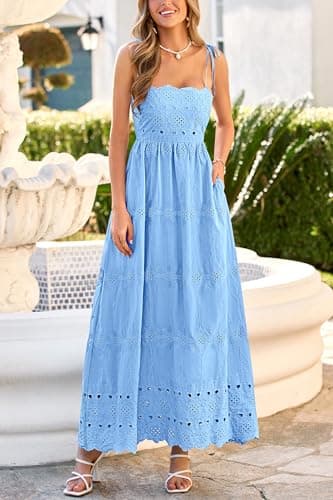 dowerme Womens Summer Maxi Dresses 2026 Casual Spaghetti Strap Smocked Eyelet Cotton Dress Long Beach Vacation Sundress(Light Blue,X-Large) - Thumbnail 4