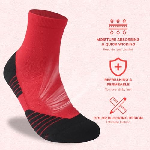 NIcool Mens Quarter Socks, 3 Pairs Cycling Socks for Men Women Red Ankle Socks Tennis Running Hiking Mountain Bike Compression Socks for Women Cushioned Padded Athletic Crew Socks, Red - Thumbnail 4