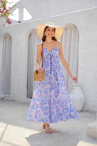 Summer Bohemian Floral Tie Front V Neck Smocked High Waist Long Maxi Swing Beach Party Dresses - Thumbnail 6