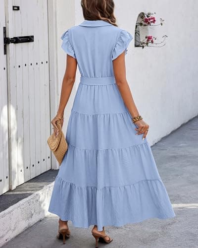 dowerme Ladies Dress 2025 Ruffle Cap Sleeve Button Down V Neck Tie Waist Plain Pleated Tiered Boho Flowy A-Line Dresses(Sky Blue,X-Large) - Thumbnail 5