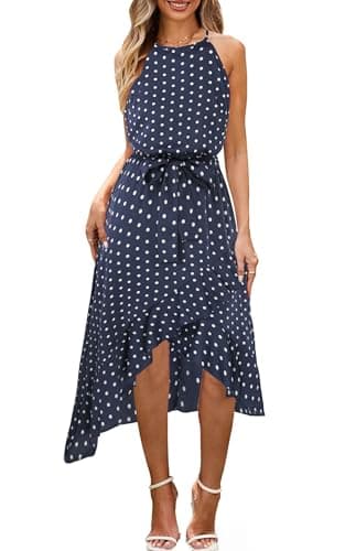 ECOWISH Polka Dot Women Summer Dress Midi A Line Ruffle High Low Sleeveless Boho Floral Halterneck Cocktail Tie Knot Sundress Blue Medium - Image 1
