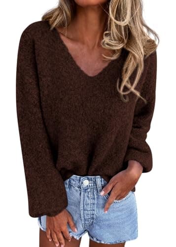 KIRUNDO Sweaters for Women Fall 2026 Oversized V Neck Cozy Cute Casual Long Sleeve Knit Pullover Trendy Winter Clothing(Brown, Large) - Image 1
