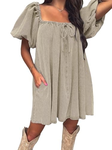 EXLURA Womens Summer Denim Short Puff Sleeve Dresses Knit Loose Plus Size Short Mini Dress 2026 Trendy Spring Outfits - Image 1