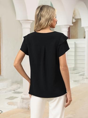 Funlingo Womens Dressy Casual Tops Summer Business Work Blouses Ruffle Short Sleeve Crew Neck Pleated Shirts Trendy Outfits 2026 Black 2XL - Thumbnail 4