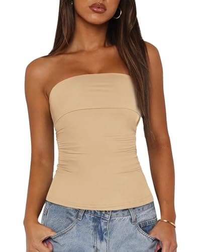 BTFBM Womens Strapless Tube Tops Spring Summer Clothes 2026 Trendy Casual Ruched Stretchy Going Out Bodycon Bandeau Top(Khaki, X-Large) - Image 1