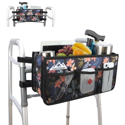 supregear Walker Basket, Foldable Walker Bag with Cup Holder, Storage Pouch with Large Capacity and Never Tipping Over, Hand-Free for Seniors Elderly, Not Fit for Rollator, Floral Black - Image 1