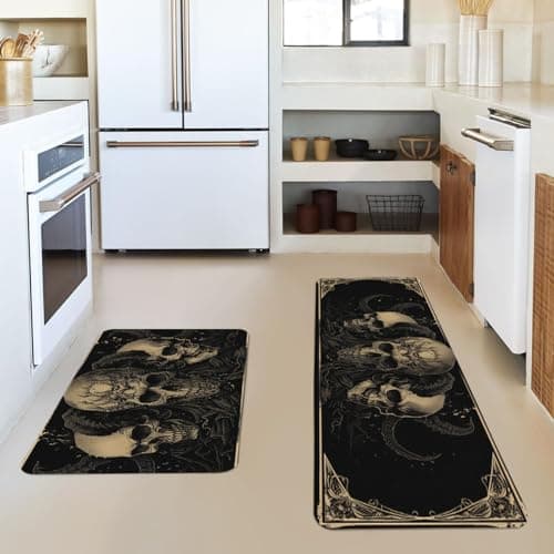 YWZDS Gothic Skull Kitchen Rugs Set of 2 - Washable Non-Slip Faux Linen Floor Mats(17.7''x29.5''+17.7''x47'') - Kitchen Mats for Home Office Bedroom Bathroom Laundry (Black) - Thumbnail 4