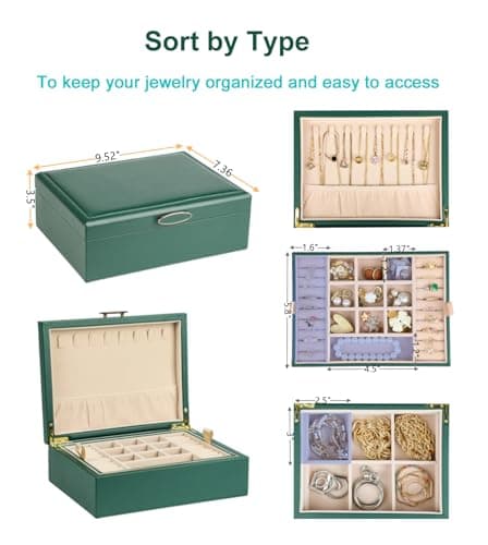 ASINGYER Small Jewelry Organizer for Women, 2-Layer Travel Jewelry Box with Portable Case, Necklace Ring Storage for Dresser, Girls Teens Gifts (Green) - Thumbnail 6