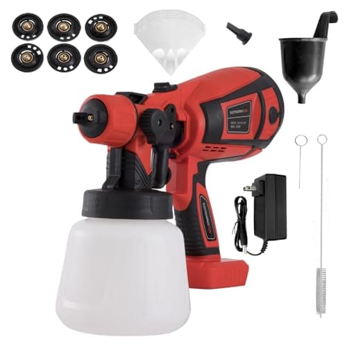 HONJAN Cordless Paint Sprayer, Sprayer Cup, 6 Brass Nozzles and Paper Filter for Home Interior and Exterior, Fence, Deck and Furniture Red(Require Battery Not Include) - Image 1