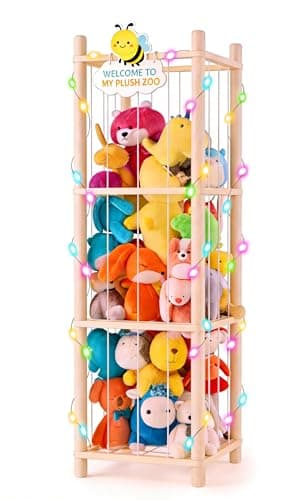 Hsenowi Stuffed Animal Storage Zoo Organizer Natural Pine Plushies Storage with Elastic Bands Vertical Wood Toy Holder Mesh Net Space Saving Design for Playroom Nursery Kids Bedroom