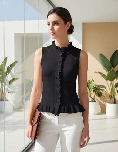 Hilomirics Womens Sleeveless Sweater Vest Mockneck Button Down Vacation Tank Top Summer Ruffle Going Out Vest Tops Black - Thumbnail 3