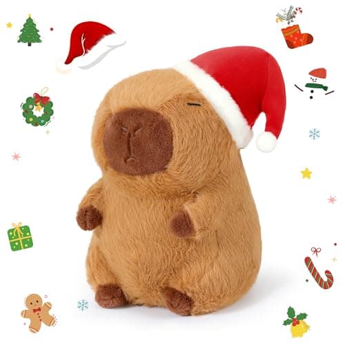 Ditucu Cute Christmas Capybara Plush with Santa Hat Soft Capibara Stuffed Animals Plushies Toys Xmas Gifts for Kids Brown 9 inch - Image 1