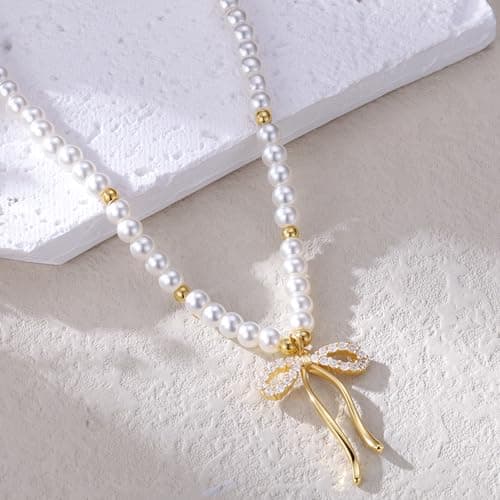 Fimhut Easter Gifts for Kids Girls Easter Basket Stuffers - Bow Necklaces Dainty 14K-Gold-Plated Cute Choker Necklace Fashion Bow Pendant Necklaces Trendy Jewelry Gift for Teenage Girl Women - Thumbnail 4