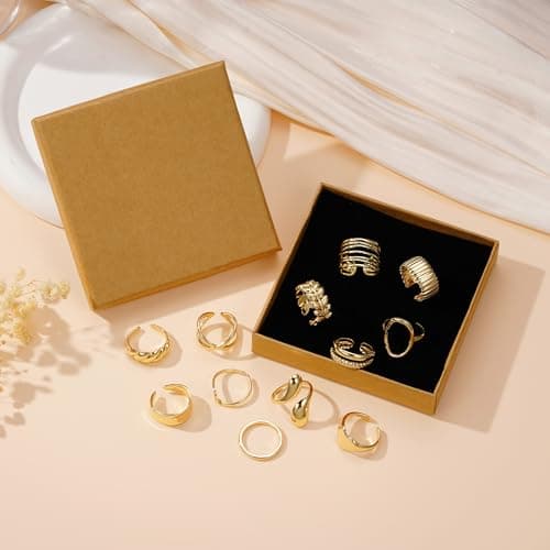 Yoosteel Easter Gifts for Women - 14K Gold Plated Chunky Rings Stack for Women Hypoallergenic Thick Stackable Open Rings Non Tarnish Dainty Ring Stack Set Trendy Jewelry Gifts 12 PCS - Thumbnail 6