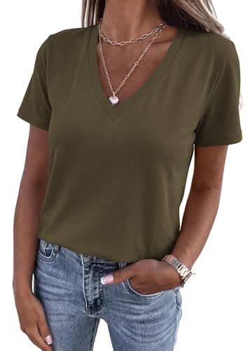 KIRUNDO V Neck T Shirts for Women Summer Tops Oversized Spring Short Sleeve Casual Basic Tees Tunic Blouse Fashion Clothing(Army Green, XX-Large) - Image 1
