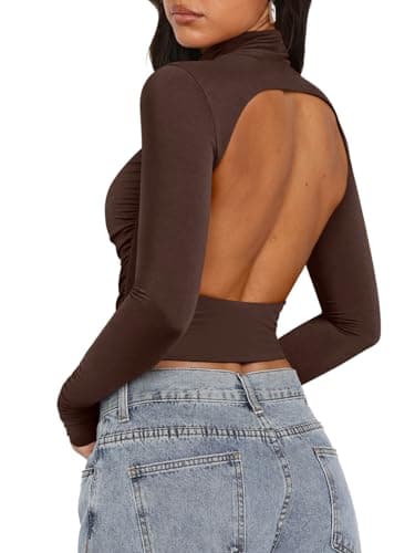 PINKMSTYLE Turtleneck Long Sleeve Open Back Tops Womens Ruched Double Lined Top Y2K Festival Outfits Brown Small - Thumbnail 4