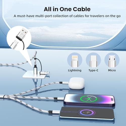 Travel Essentials Multi Charging Cable(2Pack, 5FT), 5 in 1 Charging Cables for Multiple Devices, Nylon Braided Universal Phone Charger Cord USB A/C to Type C/Micro USB/IP for iPhone16/15/14/Phone&Pad - Thumbnail 3