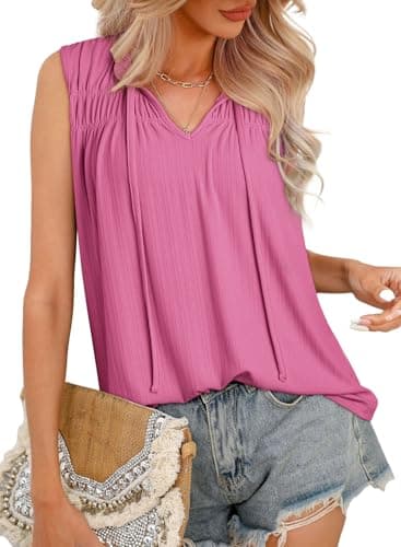 Dokotoo Pink Women's Summer Tops Dressy Casual Shirts for Women Tank Tops Sleeveless Tunic Vest Pleated Flowy V Neck Spring Clothes 2026 Trendy Outfits Loose Fit Size Medium - Image 1