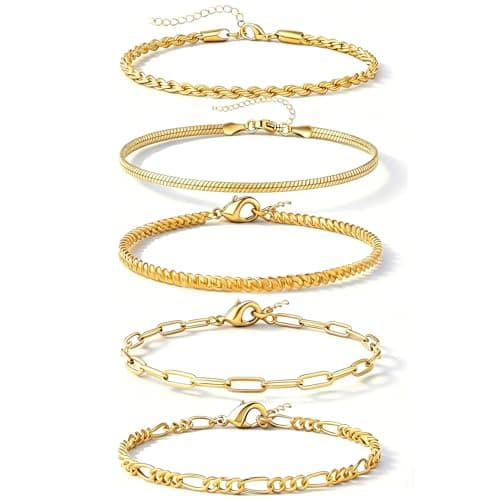 Alegend Bracelet Set 14K Gold Plated Multiple Classic Chain Types Paperclip, Twisted,Cuban,Snake Bone,O-Chain Lobster Clasp Adjustable Extender