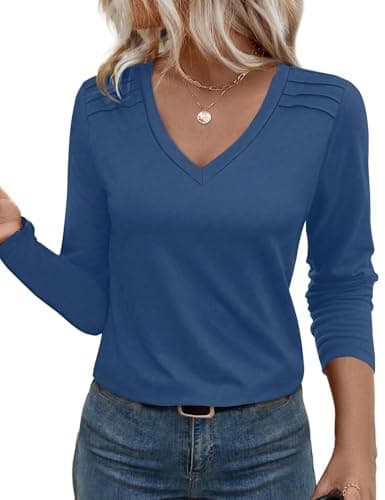 JUSTFASHIONNOW Pleated Long Sleeve Shirts for Women V Neck Dressy Casual Business Blouses Fall Tops 2025 Trendy(Blue,XX-Large) - Image 1