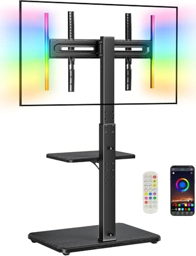 Perlegear Floor TV Stand with LED Light for 32”-75" TVs, Tall TV Stand with Swivel and Tilt, 12 Height Levels TV Mount Stand, Solid Wood Base up to 110 lbs for Living Room, Max VESA 600x400mm, PGFS21B - Image 1