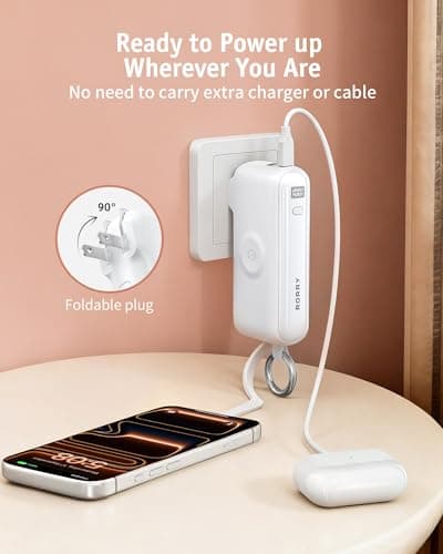RORRY Flow Portable Charger, 10000mAh 40W Fast Charging Power Bank with Built-in USB C Cable and Foldable Wall Plug, Battery Pack Travel Essentials for iPhone 17/16/15, Apple Watch, iPad, MacBook - Thumbnail 6