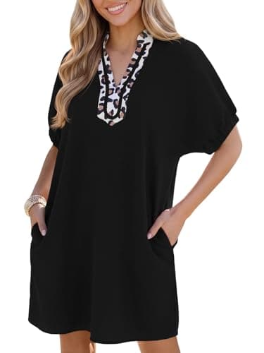 Wenrine Women Summer Shirt Dress Short Batwing Sleeve V Neck Leopard Loose Beach Cover Up Shift Tunic Short Mini Dresses - Image 1
