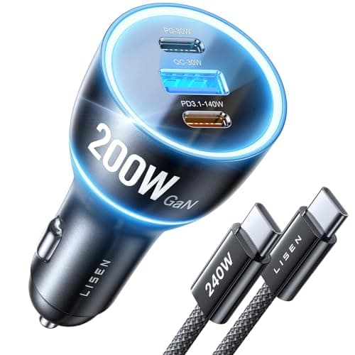LISEN 200W Car Charger USB C Fast Charge [Gan] PD 140W Fast Car Charger USB C, 3 Port Type C Fast Charging for Multi Device, for iPhone 17 16 15 14 13 12, MacBook Neo Pro, Laptop, iPad, Samsung S26 - Image 1