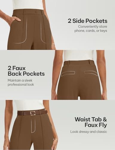 AVAMO Wide Leg Dress Pants for Women Pull On Stretchy Work Pants with Pockets High Elastic Waist Office Business Coffee - Thumbnail 5