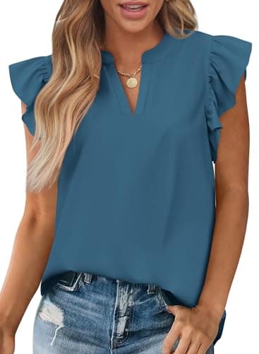 Zenlonr Womens Summer Tops 2026 Casual V Neck Ruffle Cap Sleeve Blouse Shirts Solid Color Tunic Tops(Grey Blue,Small) - Image 1