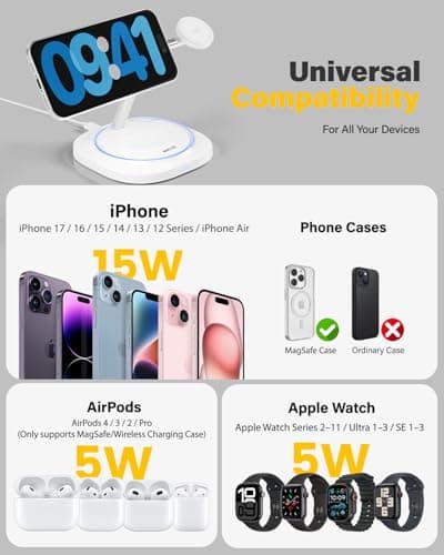 3 in 1 Magnetic Wireless Charger for Apple - Fast Charging Station Compatible with MagSafe for iPhone17-12, Apple Watch& AirPods, Phone and Watch Charger Stand for Desktop Bedside Nightstand (Ivory) - Thumbnail 4