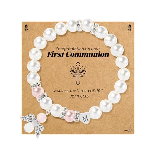 BAYLAY First Communion Gifts for Girls - First Communion Bracelet for Girls, Angel Wings Pearl Heart M Initial Bracelets - Image 1