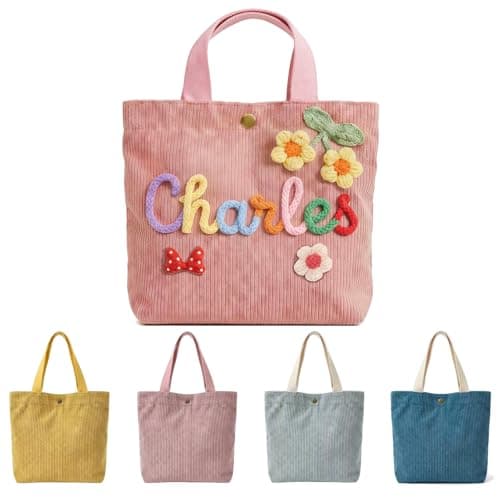Personalized Corduroy Tote Bag with Custom Name, 3D Crochet Flower Tote Bag for Girls, School Travel Purse, Birthday Gift for Daughter Granddaughter | Customizable - Image 1
