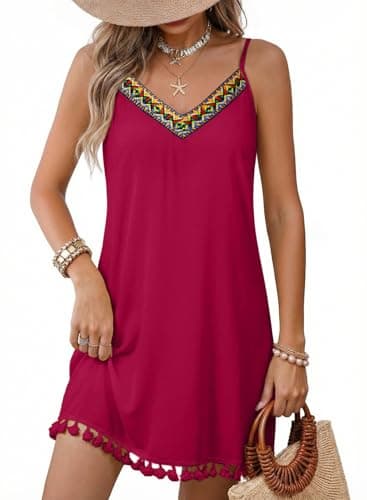 Dokotoo Beach Summer Dresses for Women 2026 Casual Spaghetti Straps Mini Dress Boho Tassel Lightweight V Neck Sundress Beach Vacation Clothes for Women Cruise Outfits Swimsuit Cover Up Red S - Image 1