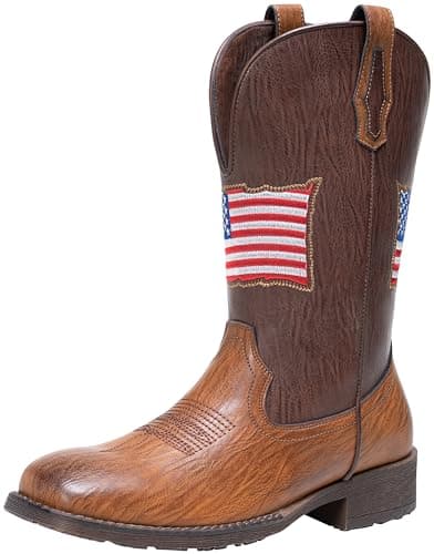 Jousen Cowboy Boots for Men with Flag Embroidery Square Toe Boots for Men Classic (AMY8423 brown 11.5) - Image 1