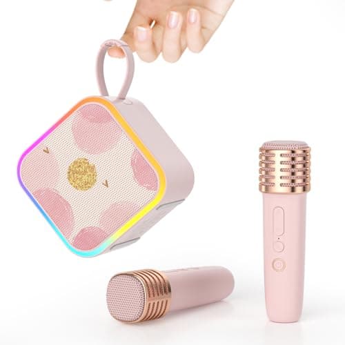 Mini Portable Karaoke Machine with 2 Wireless Mic,Home Karaoke System for Kids,Travel/Birthday Parties/Holidays,Bluetooth Speaker with Carry Handle,Ideal for Ages 3-12