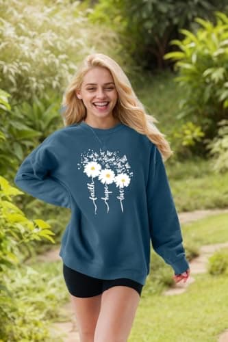 Ladicme Christian Sweatshirts For Women Oversize Faith-Hope-Love Daisy Graphic Pullover Top Casual Loose Fit Tops Blue - Thumbnail 3