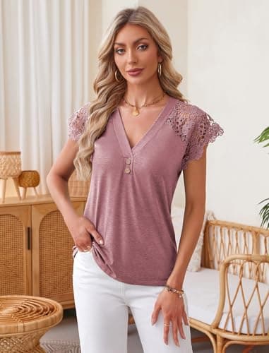 Angashion Womens Tops Lace Short Sleeve Casual V Neck Tunic with Button Summer Elegant Business Work Blouse Dirty Rose X-Large - Thumbnail 2