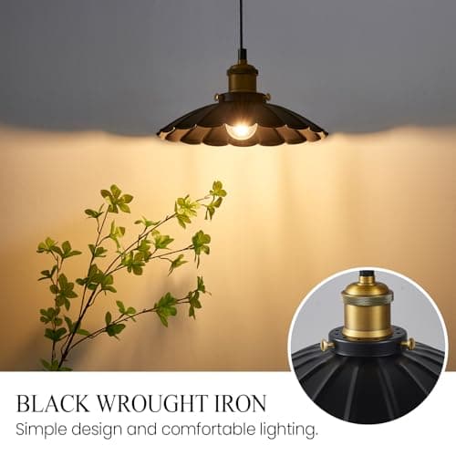Oyisen Black Pendant Light, 9.8 Inch Retro Hanging Lamp for Bedroom, Glossy Hanging Kitchen Lights Living Room 6.5Ft Height Adjustable Indoor Pleated Pendant Light - Thumbnail 2