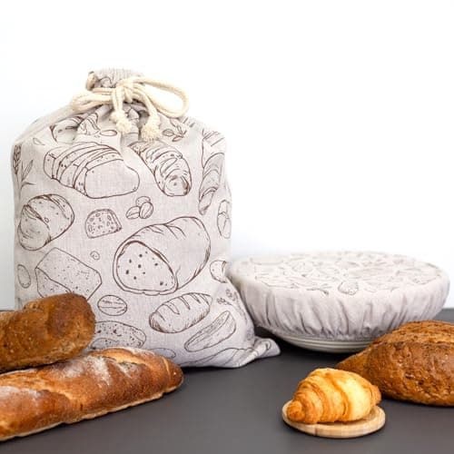 Verigud Large Reusable Linen Bread Bag and 10'' Bowl Cover with Plastic Liners for Bread Storage & Sourdough Proofing - Image 1