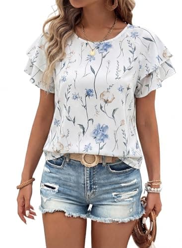 BLENCOT Women Blouses Elegant Crew Neck Layered Flowy Sleeve Boho Floral Printed Dressy Casual Office Summer Tops Trendy Loose Fit Vacation Tunic Western Shirts Small White - Image 1