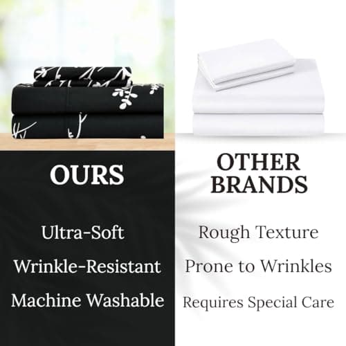 Spirit Linen home King Size Sheets Set - Pure Microfiber 4 Piece Polyester Bed Sheets, Fitted Sheet & Pillow Cases - King Sheets for All Seasons (Foliage Black/White, King) - Thumbnail 5