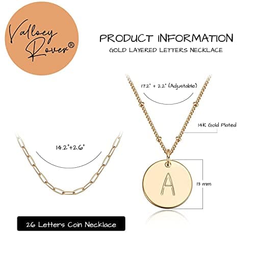 Valloey Rover Initial Necklaces for Women 14K Gold Plated Dainty Layered Necklce Round Coin Disc Pendant Engraved Letter P Necklace Personalized Jewelry Gift for Women - Thumbnail 5