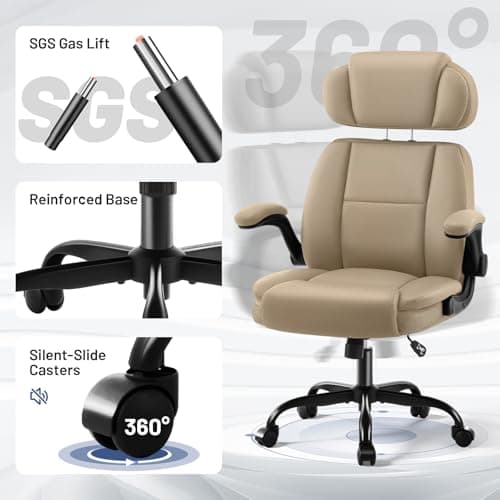 AreShark Ergonomic Office Chair with Lumbar Support, 400lbs Heavy Duty Big and Tall Executive Desk Chair, PU Leather High Back Computer Chair with Flip-Up Arms & Adjustable Headrest, Khaki - Thumbnail 6